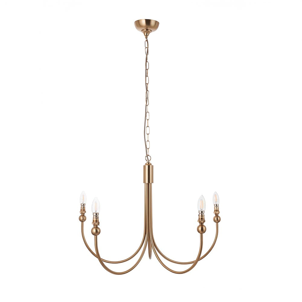 Endon Cliffleigh 5 light chandelier in brushed aged brass with curved J-shaped arms and B22 lamp holders, suspended from a chain on a white background.