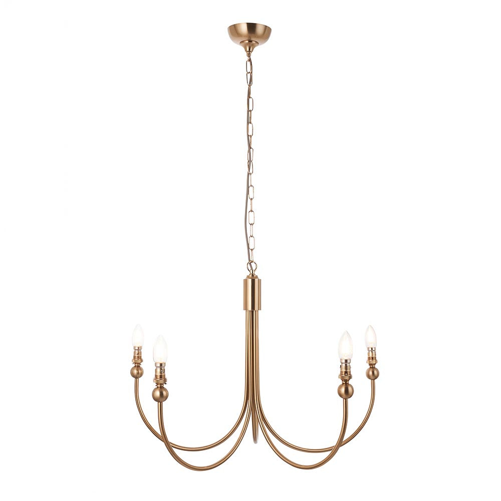 Endon Cliffleigh 5 light chandelier in brushed aged brass with curved J-shaped arms and candle bulbs, shown without shades on a white background.