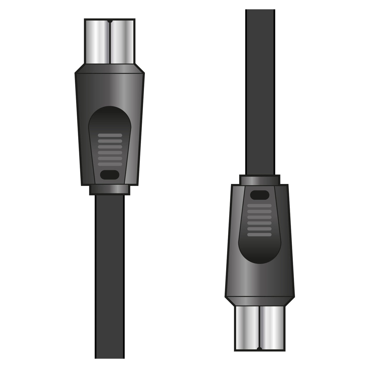 Depiction of a pair of black AV:Link RG6 Coaxial Plug To Plug Lead connectors, each showcasing a round plug and a flat, rectangular body. Perfect for satellite signal transmission, these connectors are equipped with ribbed grips and are presented from side and front perspectives against a white background.