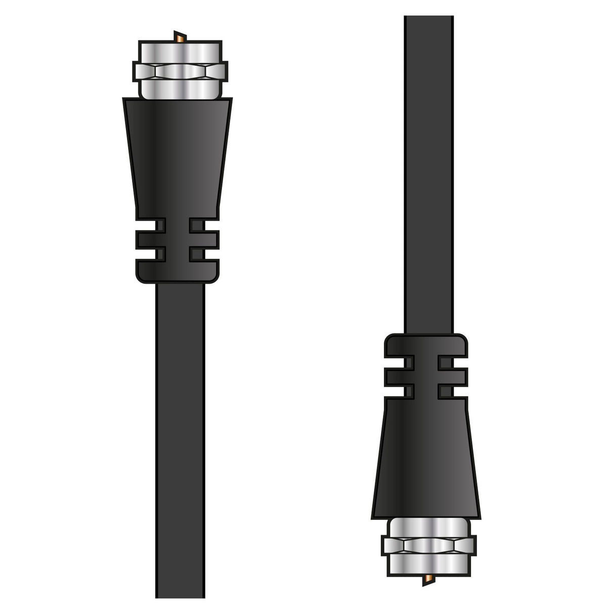 Illustration of two AV:Link RG6 Coaxial F-Type Plug To Plug Leads - 2m, displayed vertically to emphasize their design and structure for digital TV transmission. The silver connectors include threading for a secure attachment.