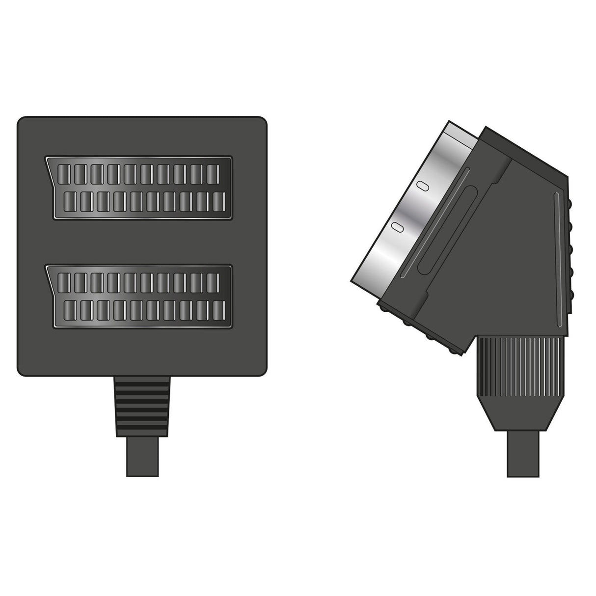 Illustration of two black AV:Link Scart Splitter 2-Way connectors. The left connector is shown from the back, highlighting two rows of pins, essential for an analogue display. The right connector is depicted from the side, displaying its angled design and ribbed grip, ideal for use with a SCART switch box or connecting lead.