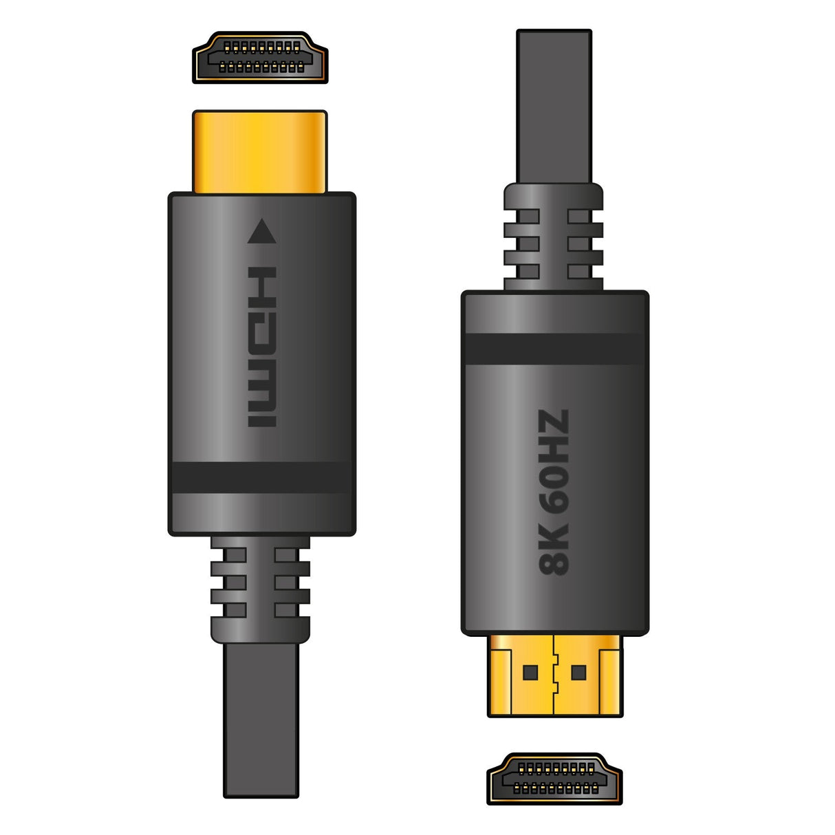 Depiction of the AV:Link 8K HDMI 2.1 Cable - 2m, showcasing two cables with gold-plated connectors. One cable is shown from the side with a yellow connector labeled HDMI, and the other displays a top view labeled 8K 60Hz. Both provide detailed visuals of these high-quality connectors, highlighting their exceptional performance for delivering 8K Ultra HD content.