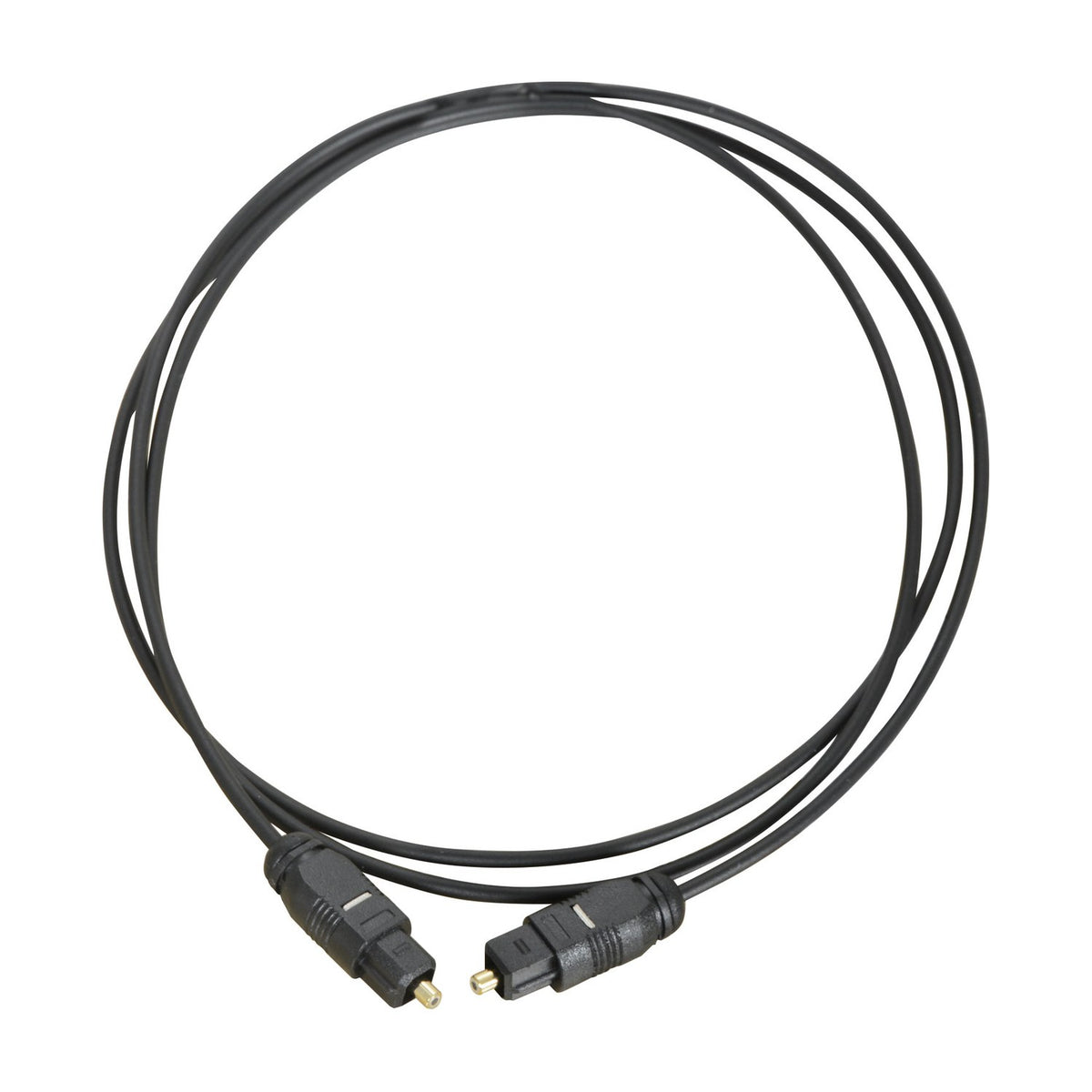 Coiled black Toslink to Toslink fibre optic cable, 5m, with gold-plated connectors at both ends, shown on a plain white background.