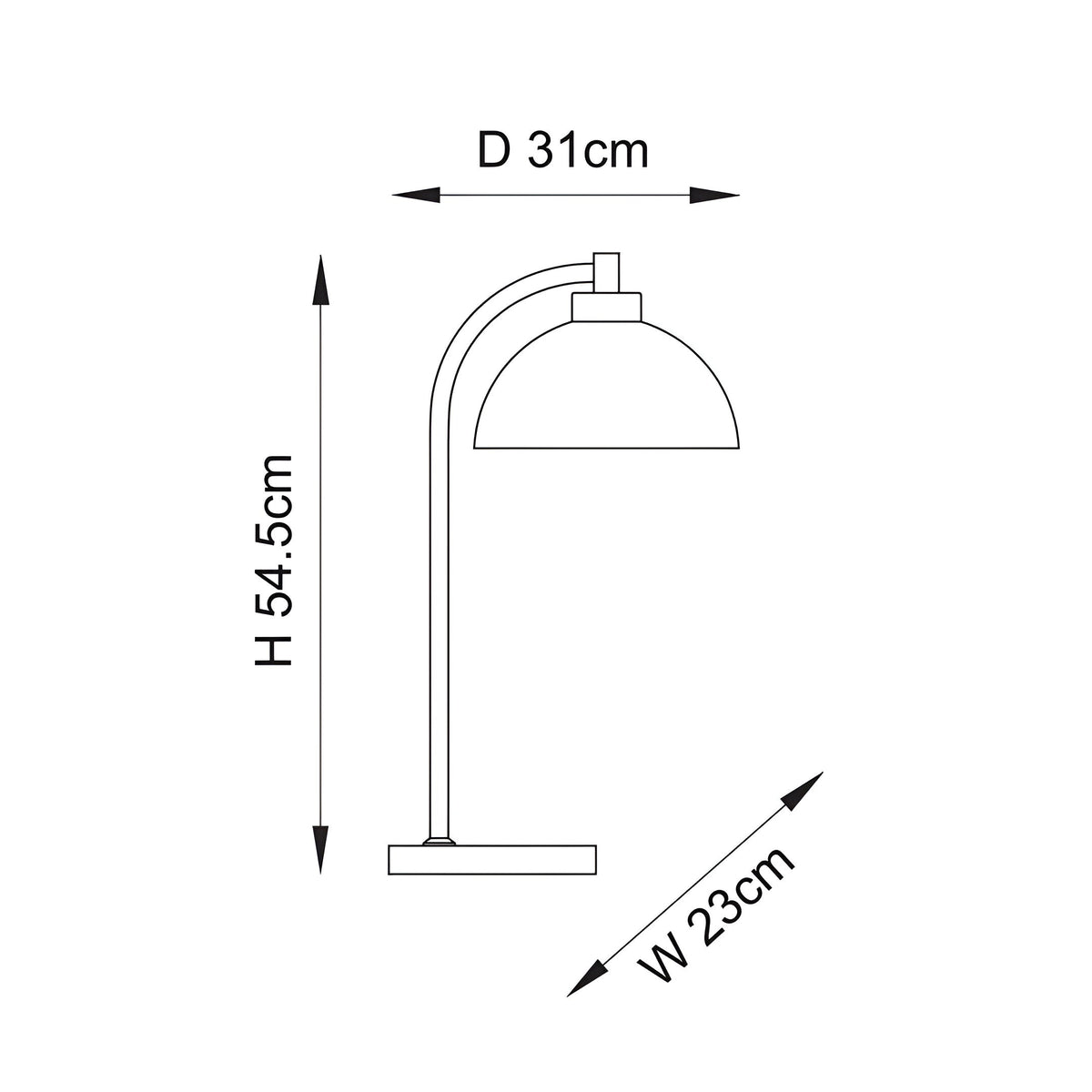 Dimensioned line drawing of the Endon Ashmont table lamp showing height 54.5cm, depth 31cm and width 23cm on a plain white background.