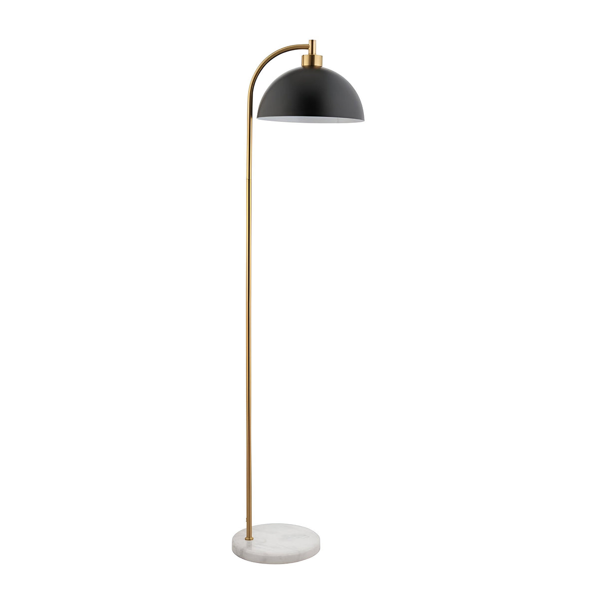 Endon Ashmont floor lamp with arched antique brass stem, matt black dome shade and white and grey marble base on a plain background.