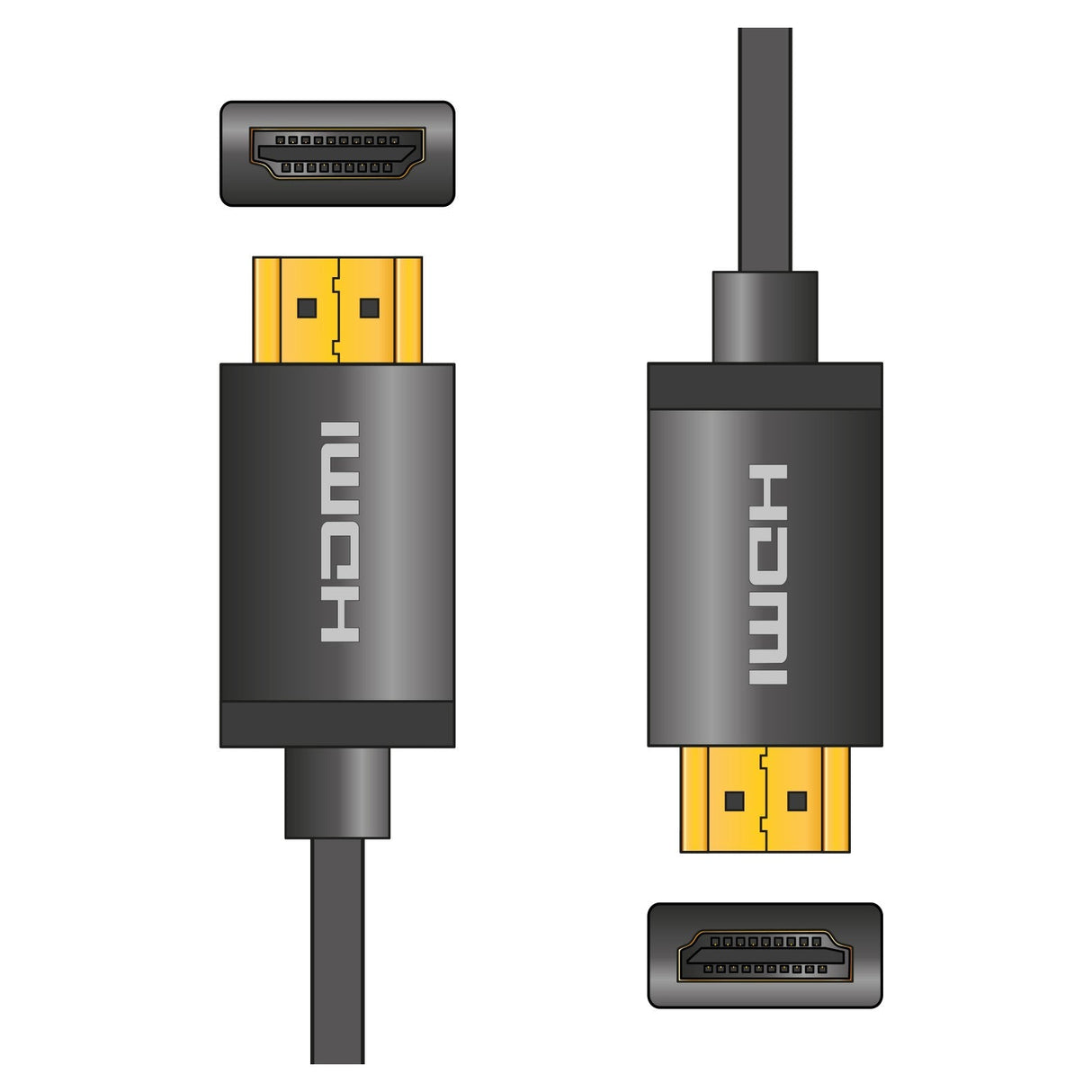 Illustration of two AV:Link 4K Colour Shell HDMI Cables shown from side and top views. Featuring gold-plated connectors, they are labeled with HDMI and boast black casing with striking gold-colored tips, emphasizing the design. These 10-meter cables ensure superior performance for Dolby TrueHD audio.
