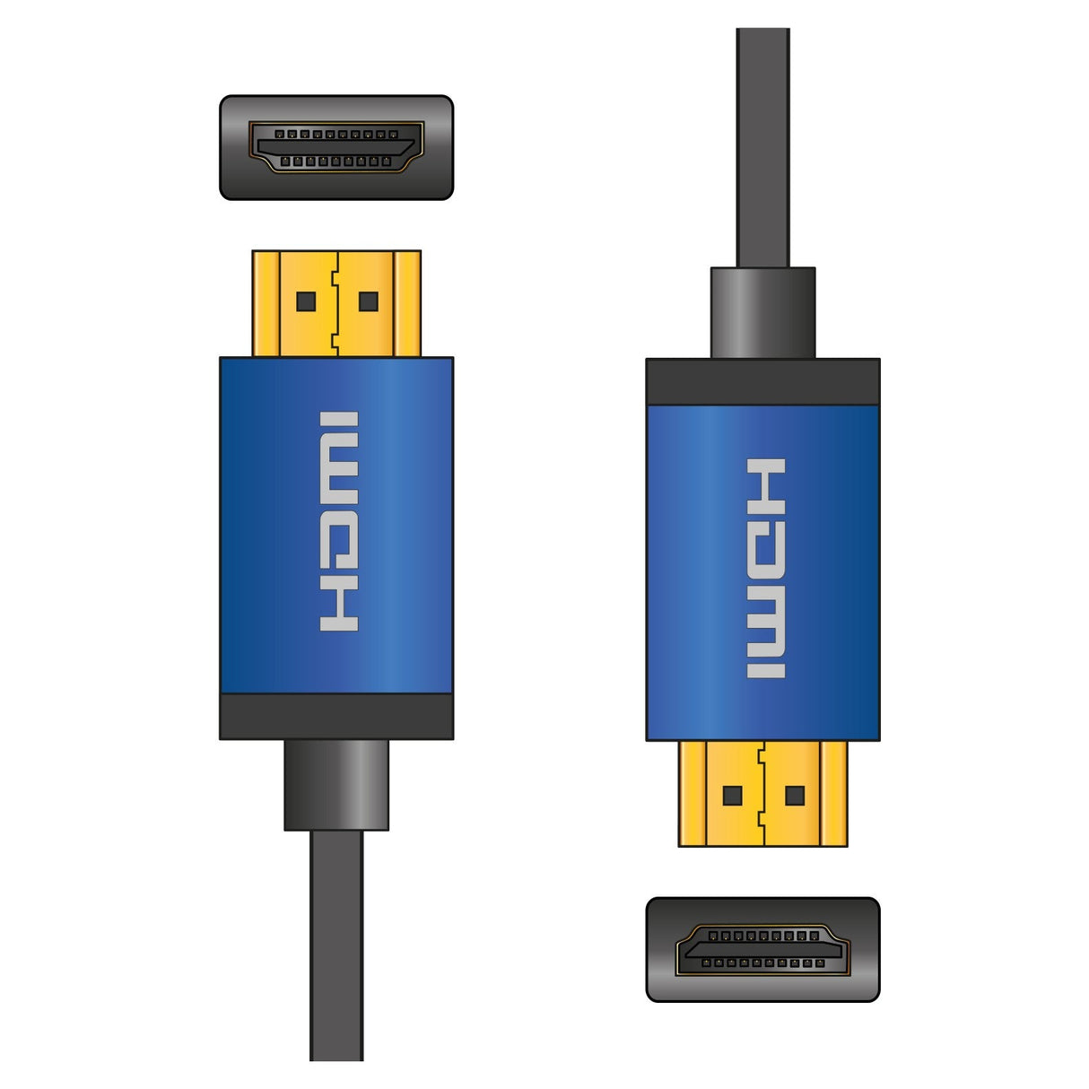 Illustration of the AV:Link 4K Colour Shell HDMI Cable 3m in blue, featuring gold-plated connectors, displayed from side and top perspectives. The cable casing is imprinted with the word "HDMI" in white. The ends and inner connectors are visible, showcasing its design for ultra HD video.
