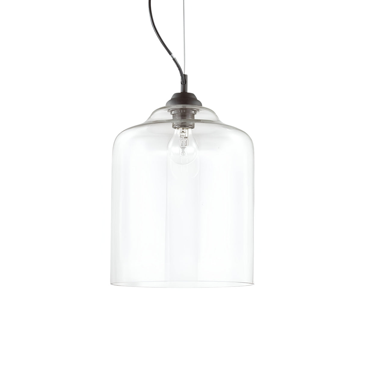 The Sky-3 1 Light Glass Pendant - Clear, with its minimalist design, showcases a visible bulb inside and radiates modern elegance. Featuring a sleek black cord and metal fitting, this fixture is an ideal addition to any contemporary interior.