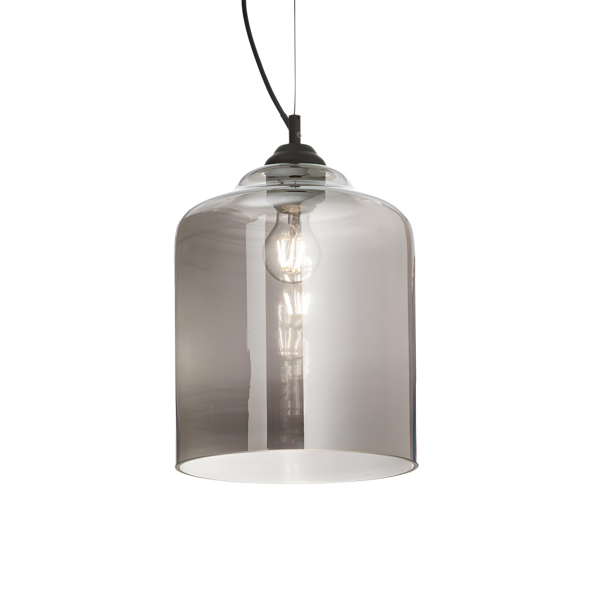 The Sky-3 1 Light Glass Pendant - Black features a smoked glass shade suspended from a sleek black cable, with its exposed bulb providing a soft, warm glow that enhances the allure of modern lighting.