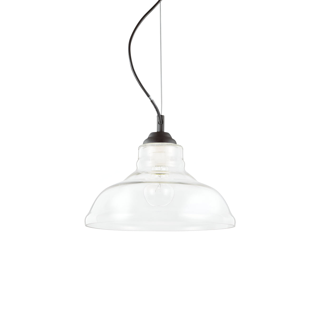 The Sky-1 1 Light Glass Pendant - Clear features a contemporary design with a visible bulb encased in clear glass, elegantly hanging from a black cord.
