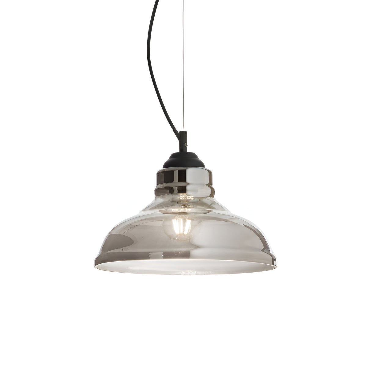 The Sky-1 1 Light Glass Pendant - Black is a contemporary lighting fixture showcasing a metallic, reflective glass shade and an exposed bulb. It hangs from a black cord and is accentuated by a sleek black frame set against a white background.