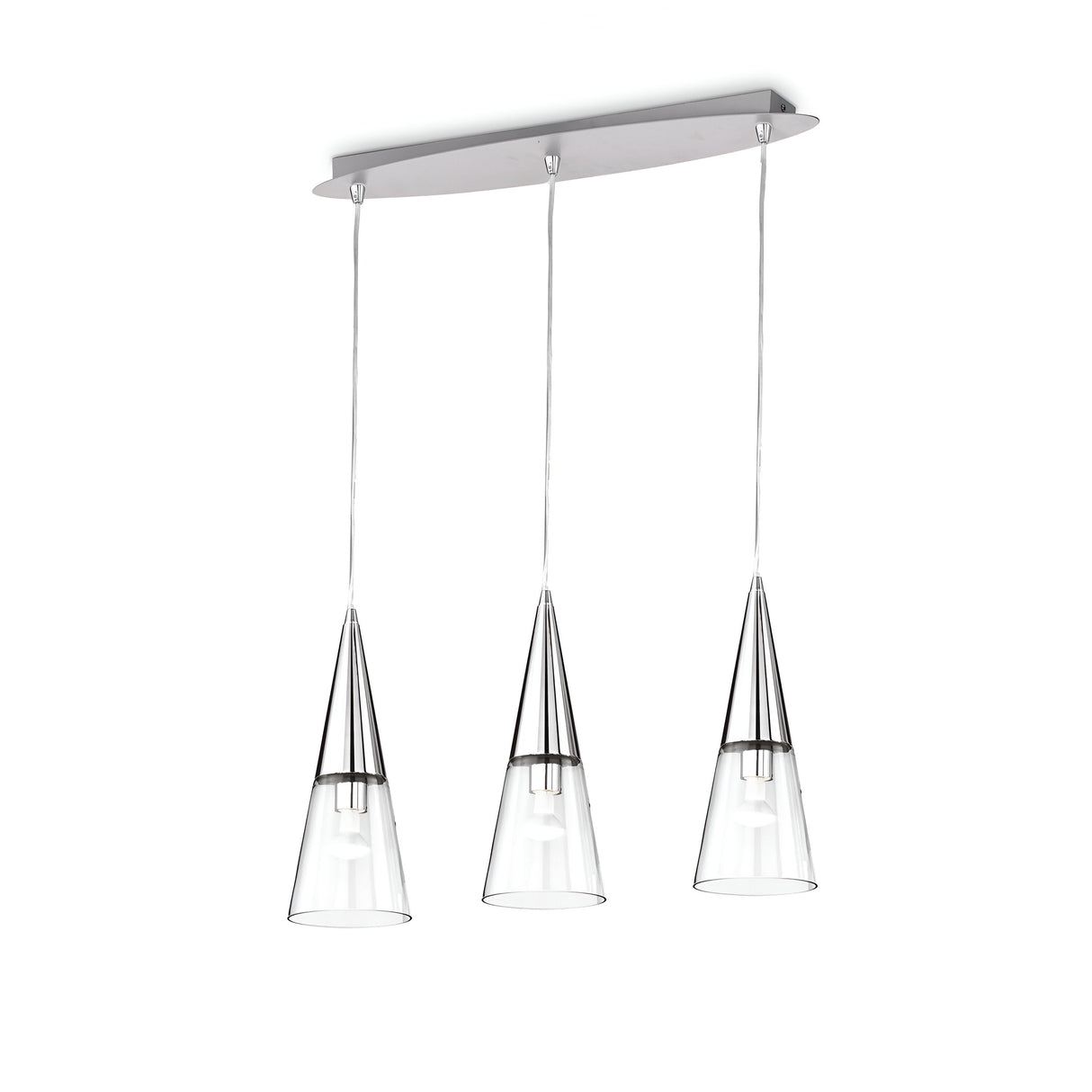 Introducing the Cone 3 Light Bar Pendant - Silver, crafted with three clear glass cone-shaped shades gracefully suspended from a rectangular metal base. Each shade hangs from a thin wire, presenting a sleek and minimalist aesthetic with dimmable bulbs to create the ideal ambiance.