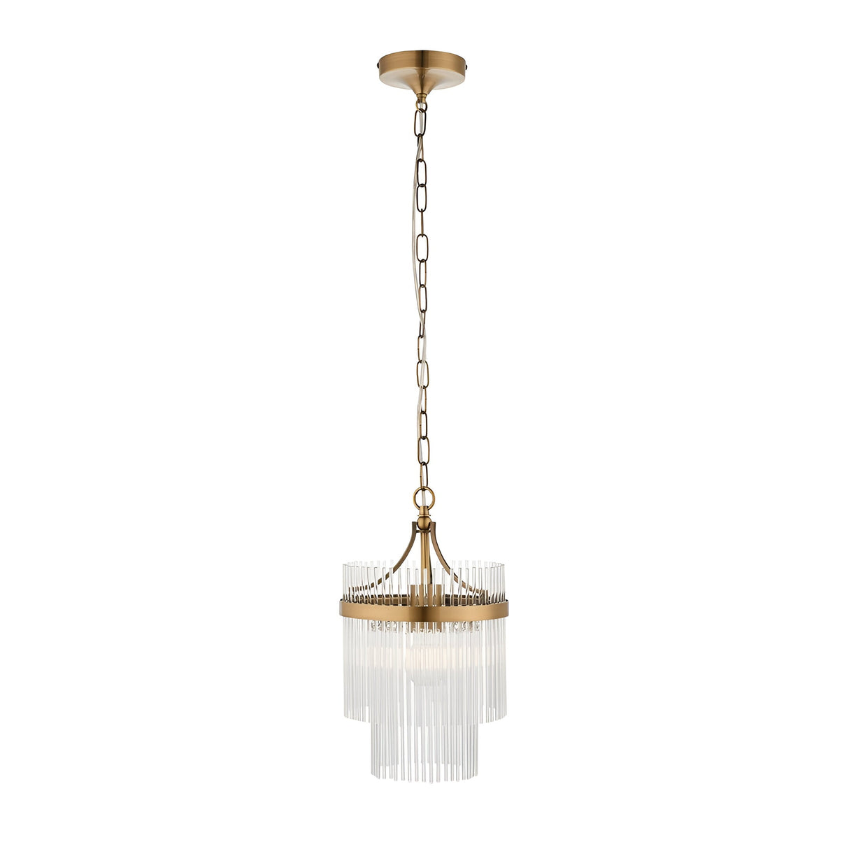 Endon Beaumont pendant light in antique brass with two-tier clear glass rod shade, single E27 lamp, and chain suspension on a white background.