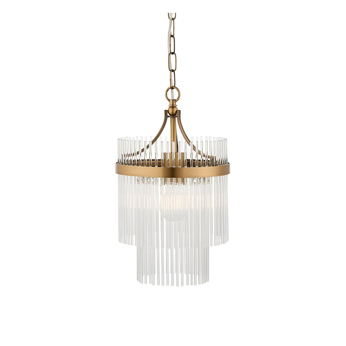 Endon Beaumont two-tier pendant light in antique brass with clear glass rod fringing and chain suspension, shown on a plain white background.