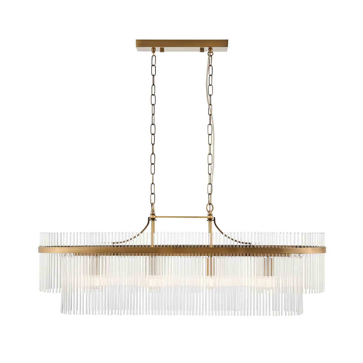 Beaumont 4 Light Linear Pendant in antique brass with clear glass rods along an oval frame, suspended on chains, shown on a plain white background.