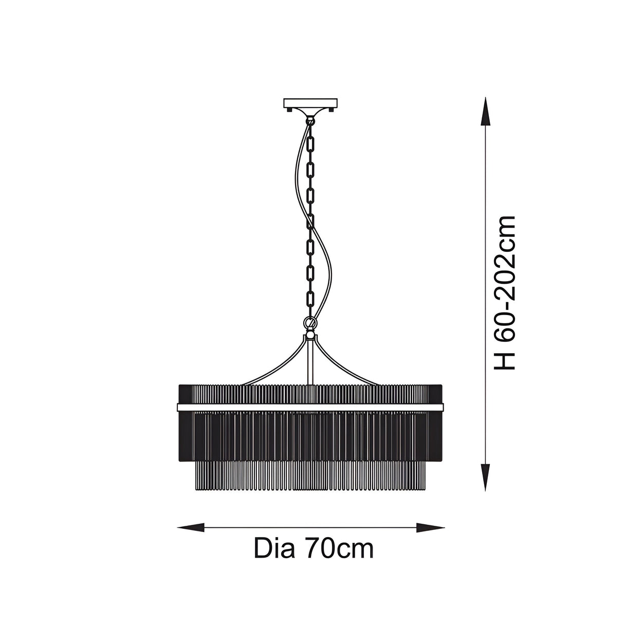 Dimension diagram of the Endon Beaumont 7 Light Pendant showing a 70cm diameter tiered glass rod shade with adjustable 60-202cm chain drop.
