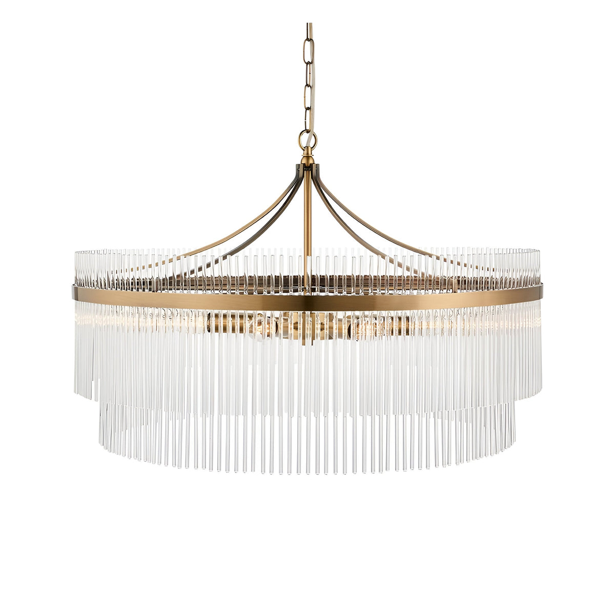 Endon Beaumont 7 light pendant in antique brass with two tiers of clear glass rods, suspended from a chain, shown on a white background.