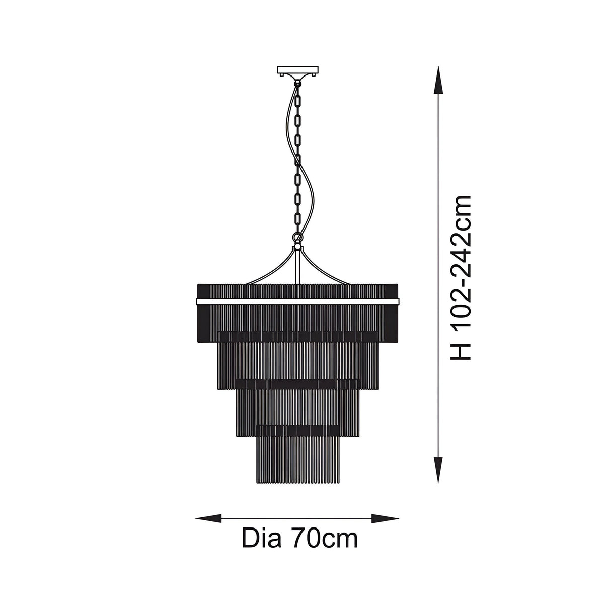 Line drawing of the Beaumont 16-light tiered chandelier in antique brass with glass rod strands, adjustable chain, 70cm diameter, H 102-242cm.