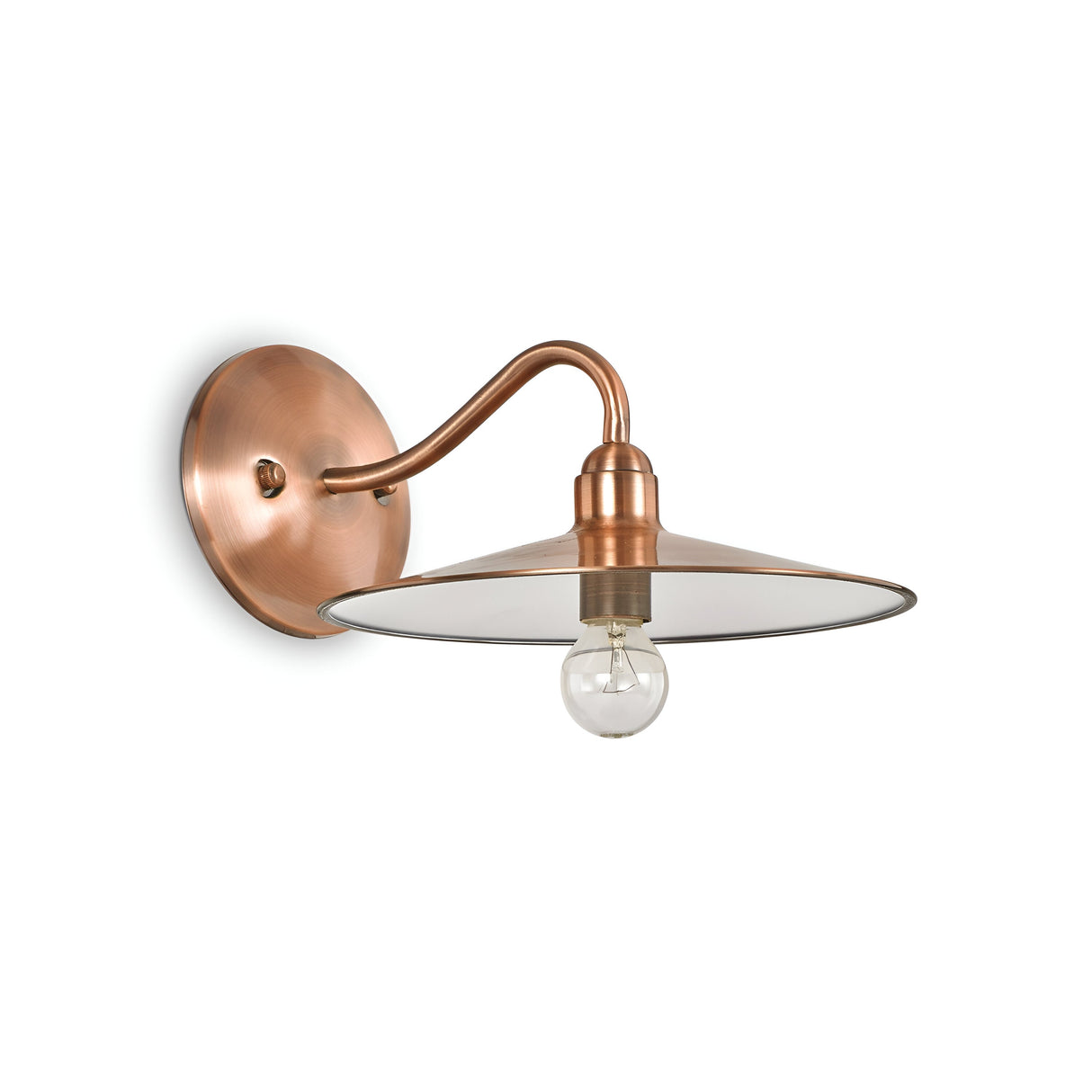 Introducing the Sienna Wall Light - Copper, a contemporary lighting piece featuring a copper construction with a round base and curved arm. Its wide, flat shade reveals an exposed bulb hanging beneath, artfully combining industrial design with both modern and vintage elements.