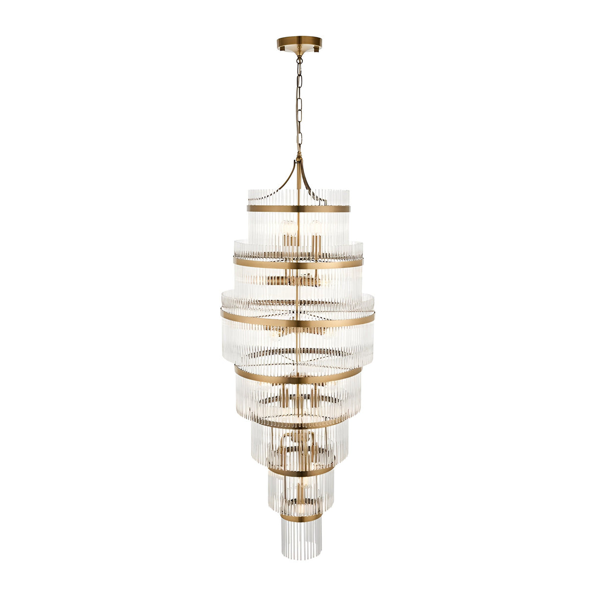 Endon Beaumont 21 light chandelier in antique brass with multiple tiered rings of clear glass rods, suspended from a chain on a plain white background.