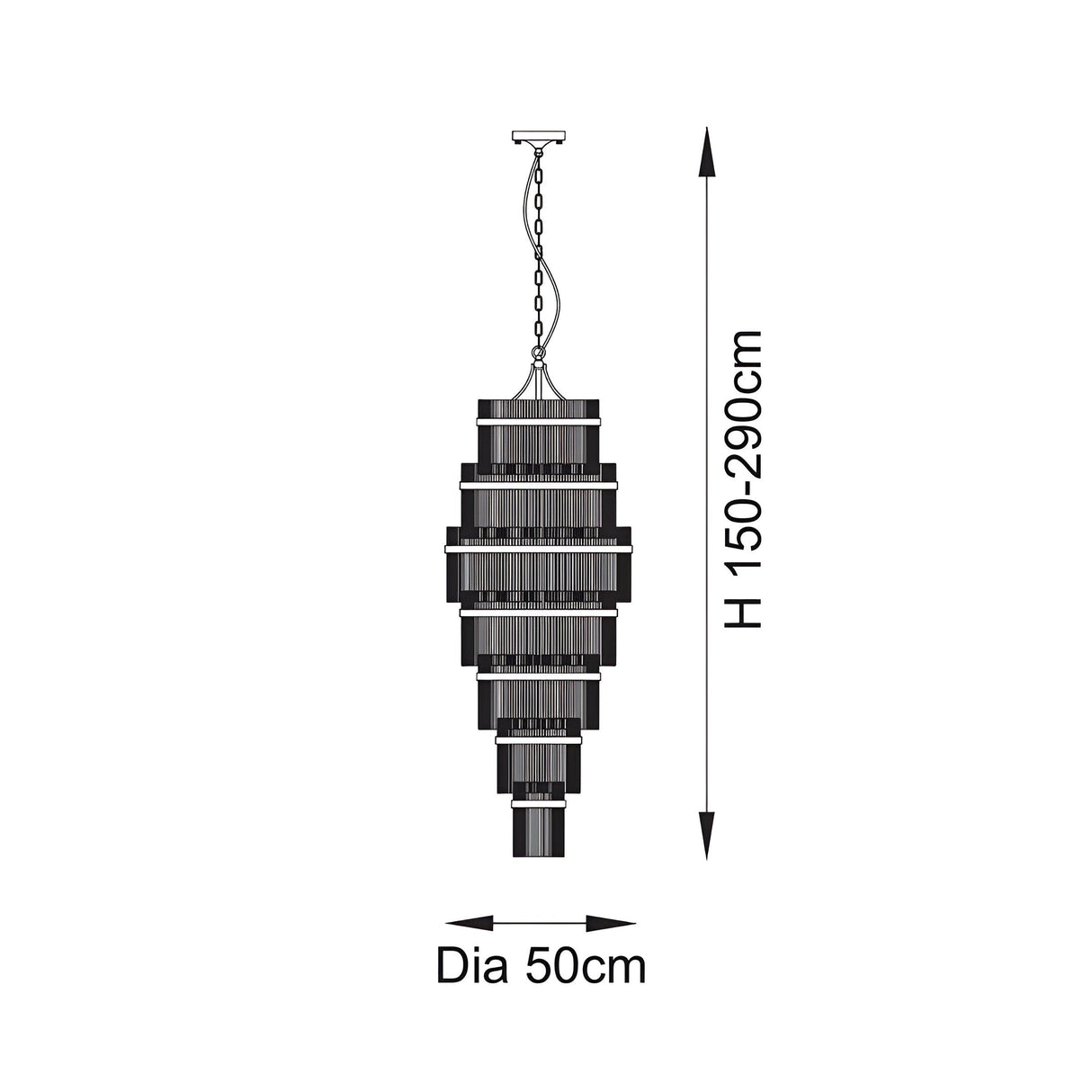 Dimension diagram of the Endon Beaumont 21 light chandelier showing a tiered columnar form with height 150-290cm and 50cm diameter.