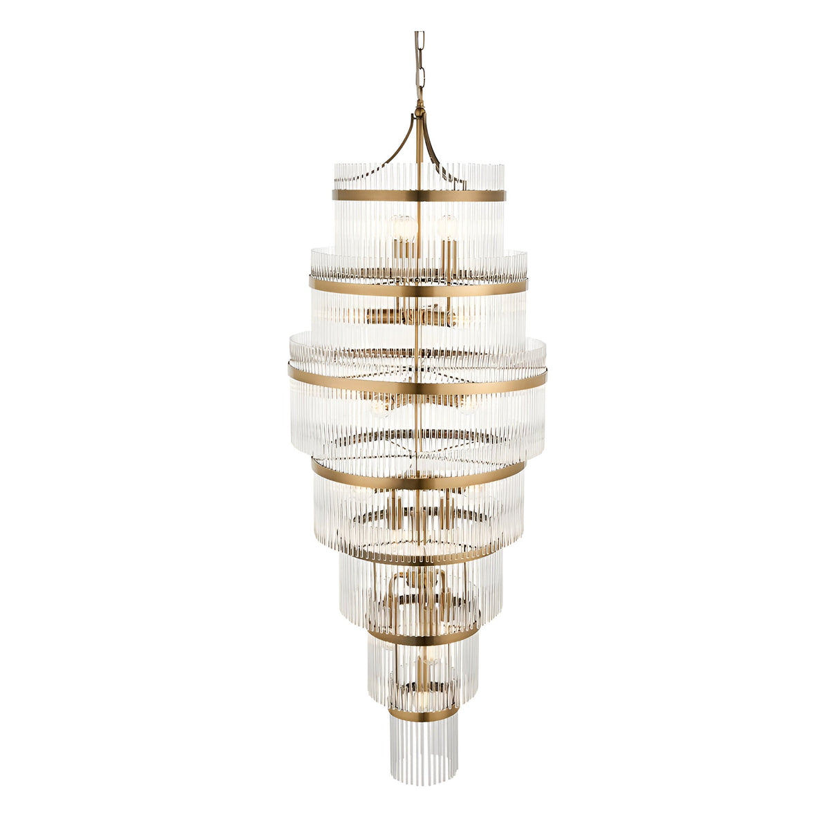 Endon Beaumont 21 light chandelier in antique brass with multiple tiered rings of clear glass rods, suspended from a chain on a plain background.