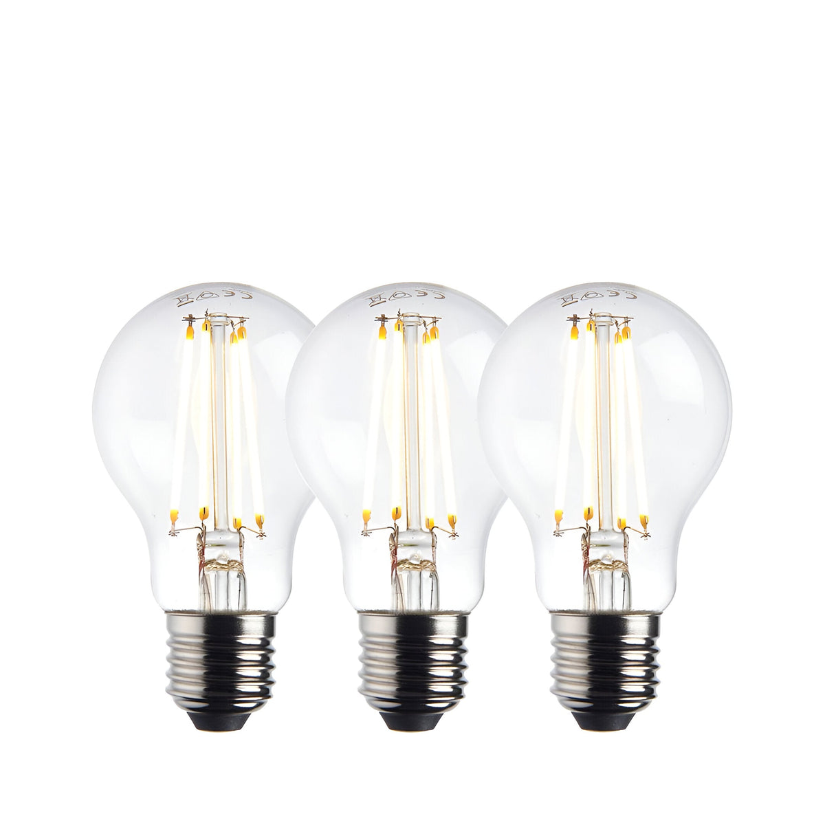 Endon 8W E27 LED filament GLS bulbs in warm white, shown as a three-pack of clear glass rounded bulbs with visible filaments and Edison screw caps.