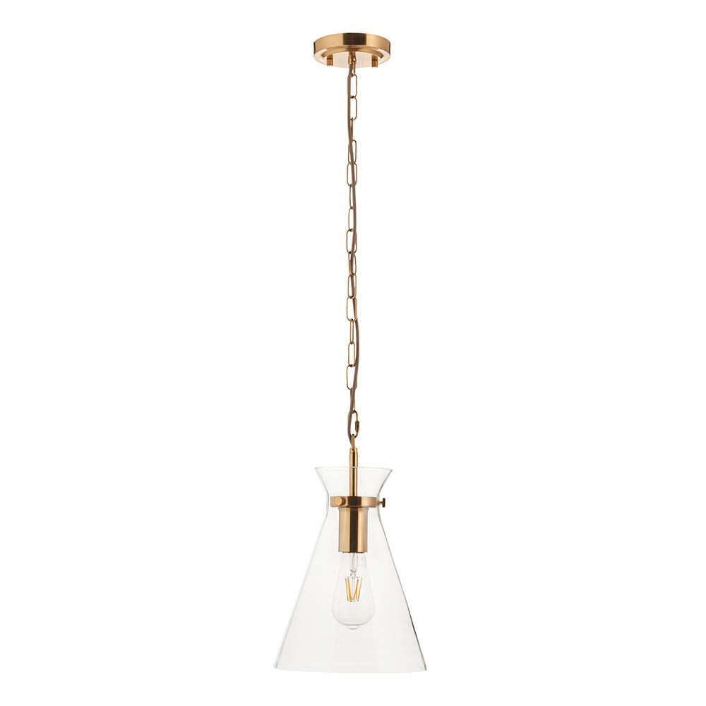 Endon Brenbury pendant light in brushed brass with a clear tapered glass shade, exposed E27 bulb and chain suspension on a plain white background.