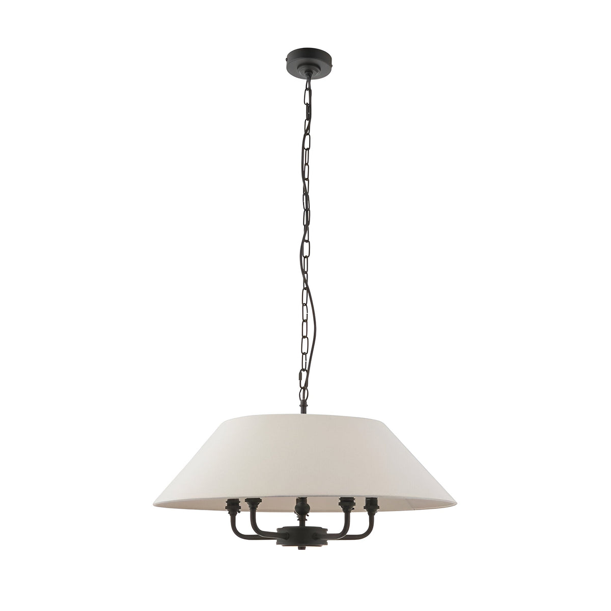 Endon Caldmere 5 light pendant with a wide tapered natural linen shade on a matt black five-arm frame and chain suspension, shown on white.