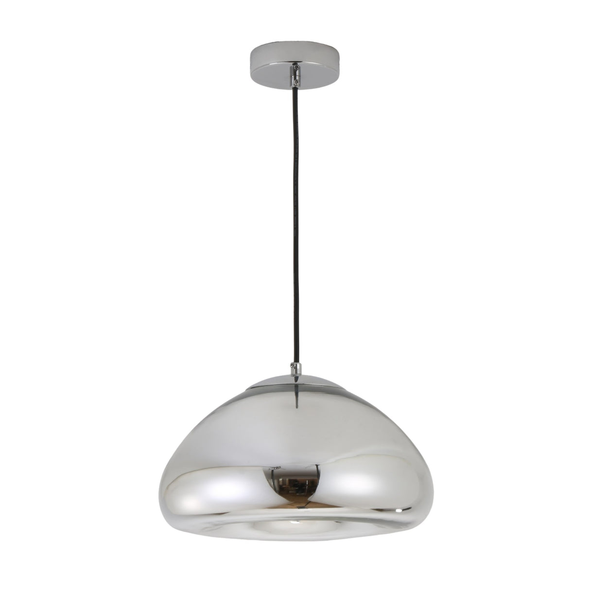 The Gulf Glass Pendant Light - Silver features a shiny chrome finish and hangs by a black cord with a round mount, adding sleek modern style to your space.