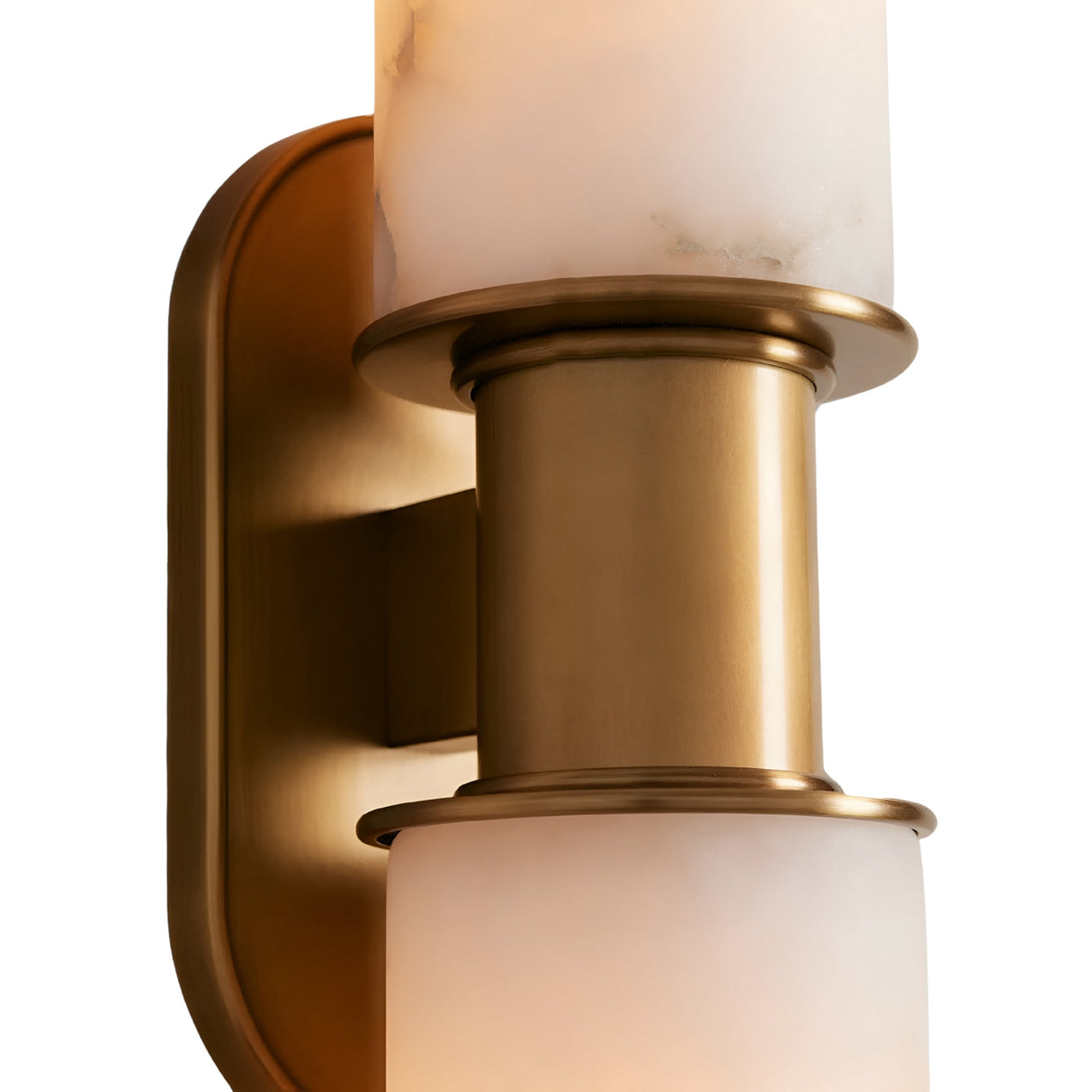 A close-up of the Lumara 2 Light Twin Tube Alabaster Wall Light in soft white and brushed brass, featuring twin frosted glass shades and an oval backplate.