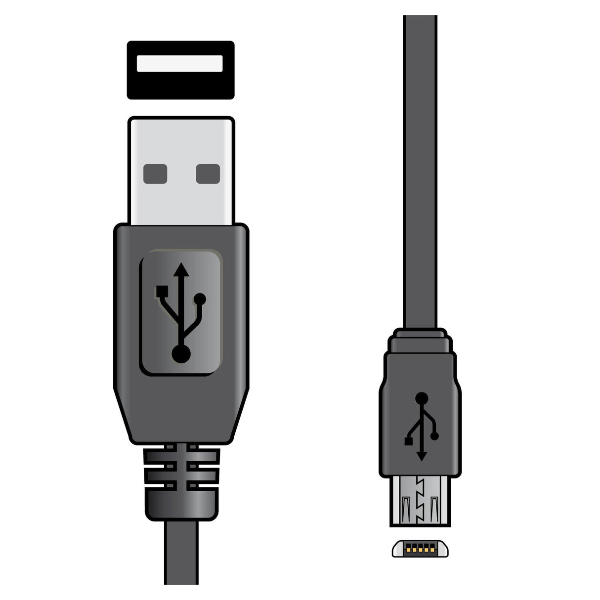 Illustration of the AV:Link USB 2.0 A Plug To Micro B Plug Lead - 1.5m featuring a standard USB connector on the left and a micro B connector on the right, ensuring compatibility with Android devices. The USB symbol is visible on the connectors, and the cable is a sleek black with a gray front.