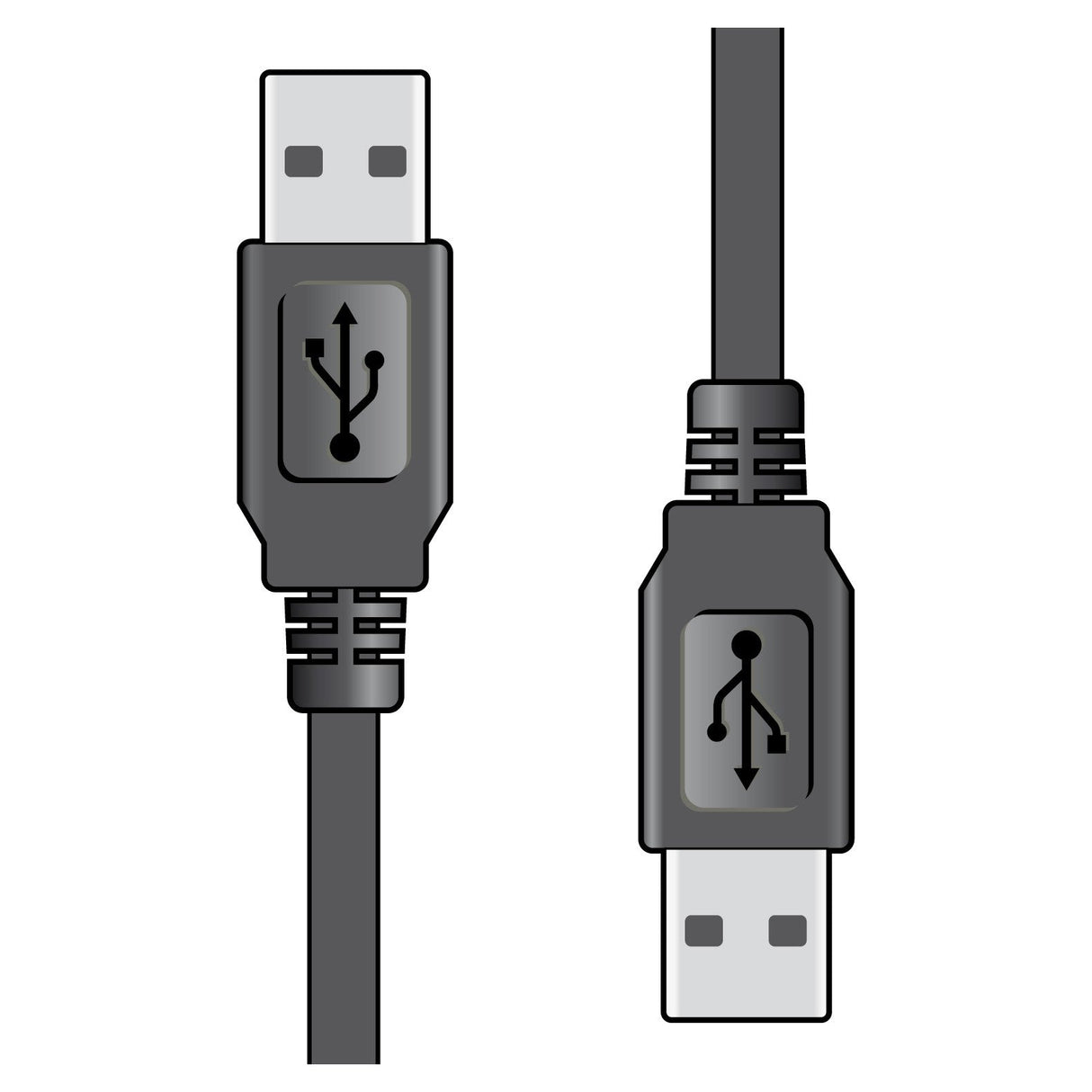Illustration of two AV:Link USB 2.0 A Plug to A Plug Leads with black connectors and a type A plug. The connectors, showcasing the USB symbol, are positioned horizontally and vertically against a white background, making them ideal for printer connections.