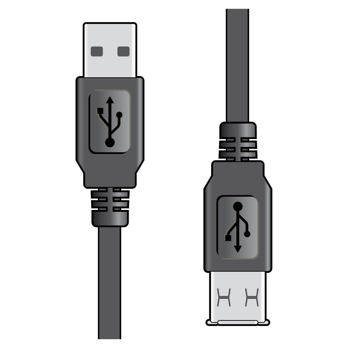 Illustration of an AV:Link 5.0m USB extension lead featuring distinct connectors. The left side displays a standard USB Type-A plug, while the right shows a type A socket. Both connectors prominently feature the USB logo on their casings, highlighting its versatility over a 5-meter length.