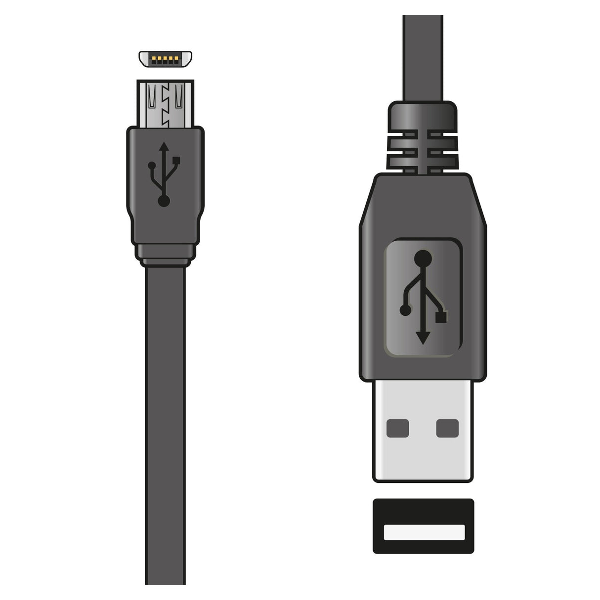 Depiction of the AV:Link Micro USB Short Sync & Charge Flat Cable - 0.2m, showcasing a tangle-free flat design with two connectors: a micro USB connector on the left and a standard USB Type-A connector on the right. Both black connectors are marked with the USB symbol, ideal for synchronization and charging tasks.