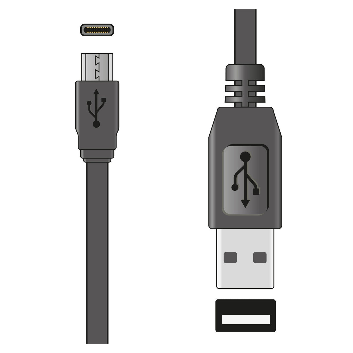 Image of the AV:Link USB-C Short Sync & Charge Flat Cable - 0.2m, featuring a tangle-free flat design with a USB-C connector on one end and a standard USB connector on the other, both adorned with the iconic USB logo for seamless sync and charge capabilities.