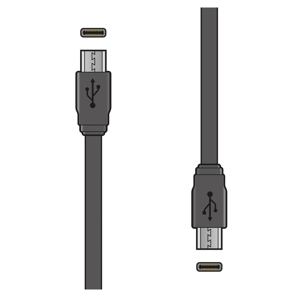 Depiction of two AV:Link USB Type-C to Type-C Short Sync & Charge Flat Cables, each measuring 0.2m, with connectors facing opposite directions. One cable is positioned horizontally while the other is vertical. Both cables bear the USB symbol on their connectors, highlighting their sync and charge functionality.