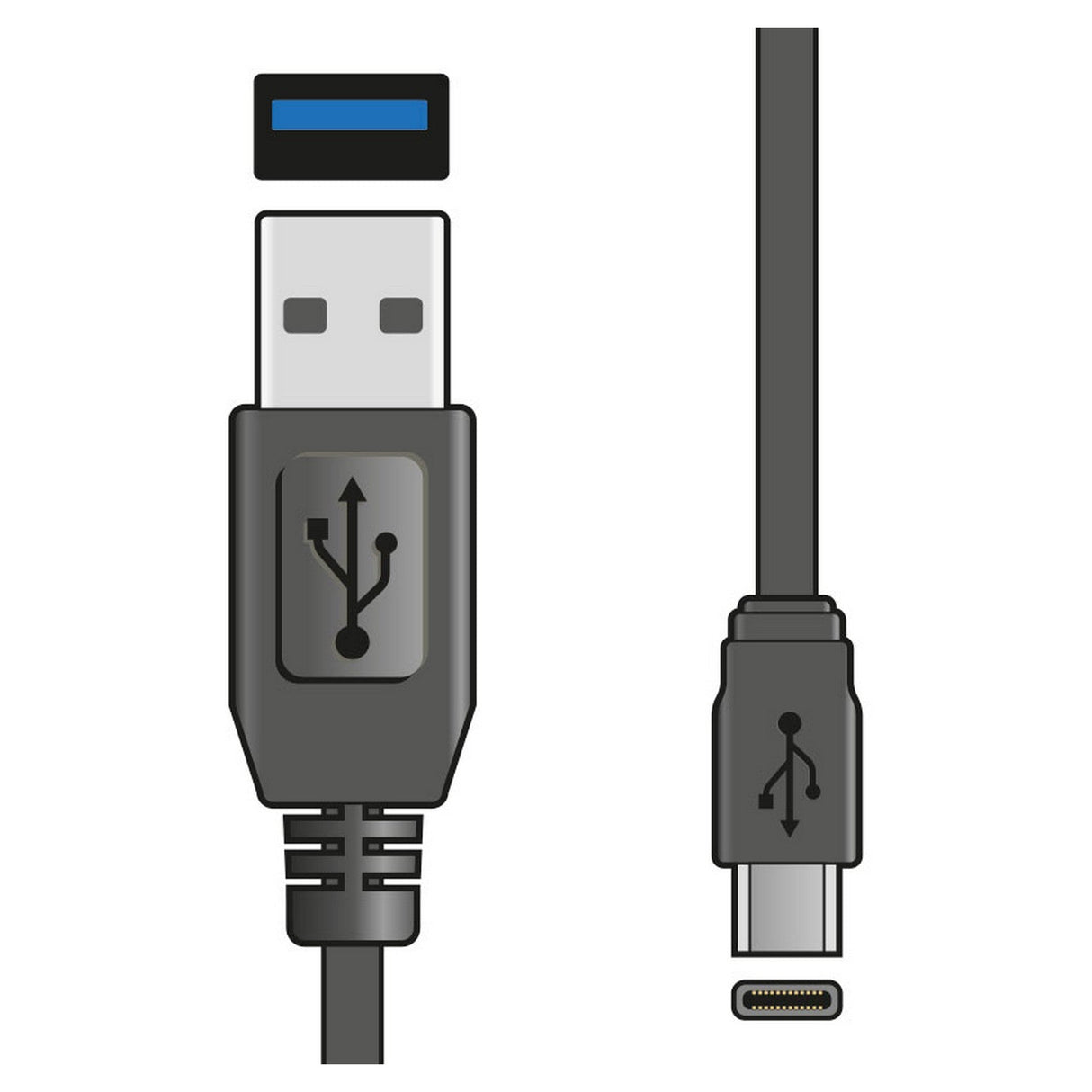 Depiction of an AV:Link USB 3.0 Type-A to Type-C Sync & Charge Lead (1.5m), showcasing the black cable with a USB-A connector featuring a blue inner lining for high-speed data transfer, alongside a slim, oval-shaped USB Type-C connector viewed from the side.