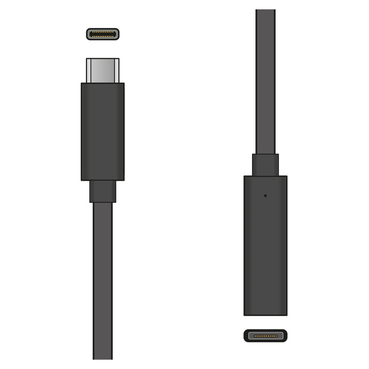 Illustration of the AV:Link USB 3.0 Type-C Plug to Type-C Socket Lead - 1.5m in black, showcasing its symmetrical connectors in three perspectives: the full length, a close-up highlighting data transfer speeds at one end, and a view of the opposite connector. Ideal for charging USB devices with a USB Type-C extension.