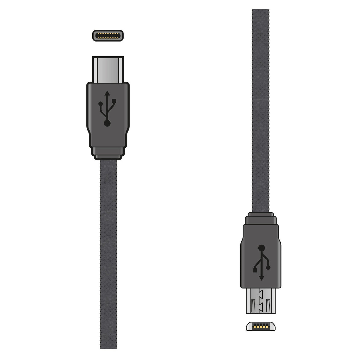 Here is an illustration of two types of USB cables: On the left is a USB Type-C cable, ideal for fast data transfer at 480Mbps and smartphone charging. On the right is a micro USB cable with a distinct flattened trapezoidal shape. Both cables, part of the AV:Link USB 2.0 Type-C To Micro USB Sync & Charge Lead - 1.5m, feature black connectors and grey cords.