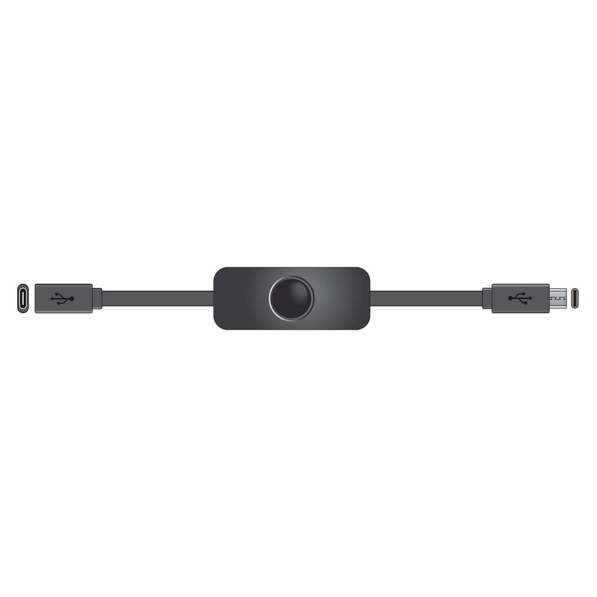 Illustration of a black AV:Link USB-C Extension Cable With Power Switch – 0.25m. It has a circular power switch in the center, with one end featuring a USB Type-C connector suitable for Raspberry Pi 4 and the other end including a micro USB connector.
