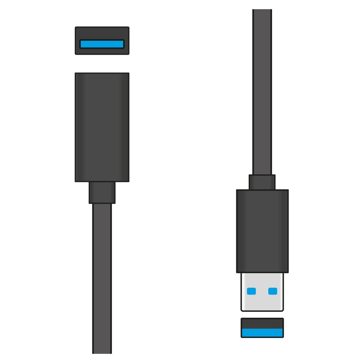 Illustration of the AV:Link USB 3.0 Type-A Plug To Type-A Socket Leads - 3m, showcasing a rectangular black connector with a blue interior on one end and a matching USB plug on the other. The cable is displayed vertically to emphasize the connections and its impressive data transfer speeds.