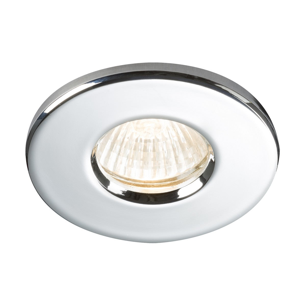 The IP65 GU10 Recessed Downlight in chrome features a round design with a die-cast aluminum trim and a bright central bulb, offering a sleek and modern aesthetic that is ideal for contemporary home or office interiors.