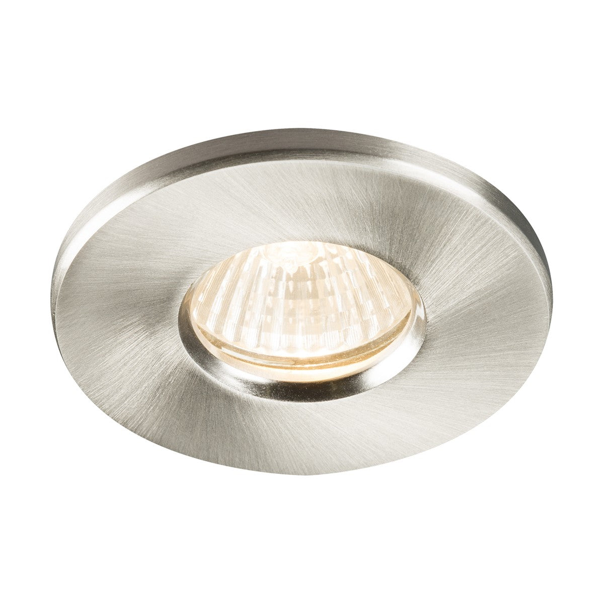 The IP65 GU10 Recessed Downlight in brushed chrome features a circular design and emits a soft, warm light, operating as a 230V downlight.