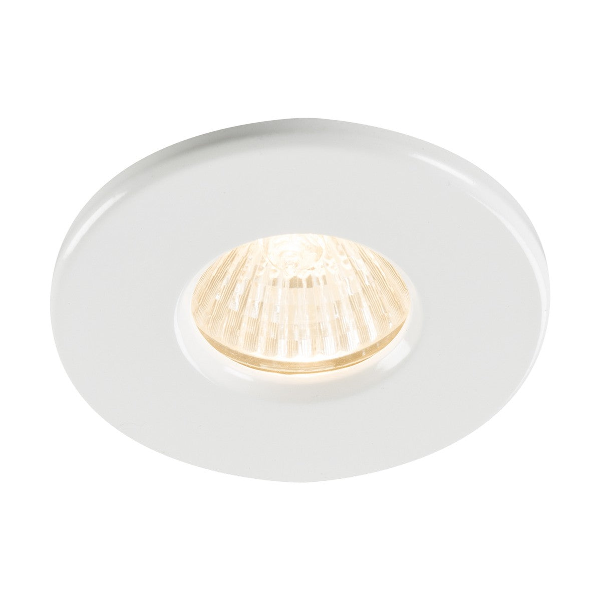 Introducing the IP65 GU10 Recessed Downlight in White, crafted from die-cast aluminum. This fixture features a glowing bulb and a minimalist circular frame with a slightly exposed light source at its center, making it perfect for contemporary spaces.