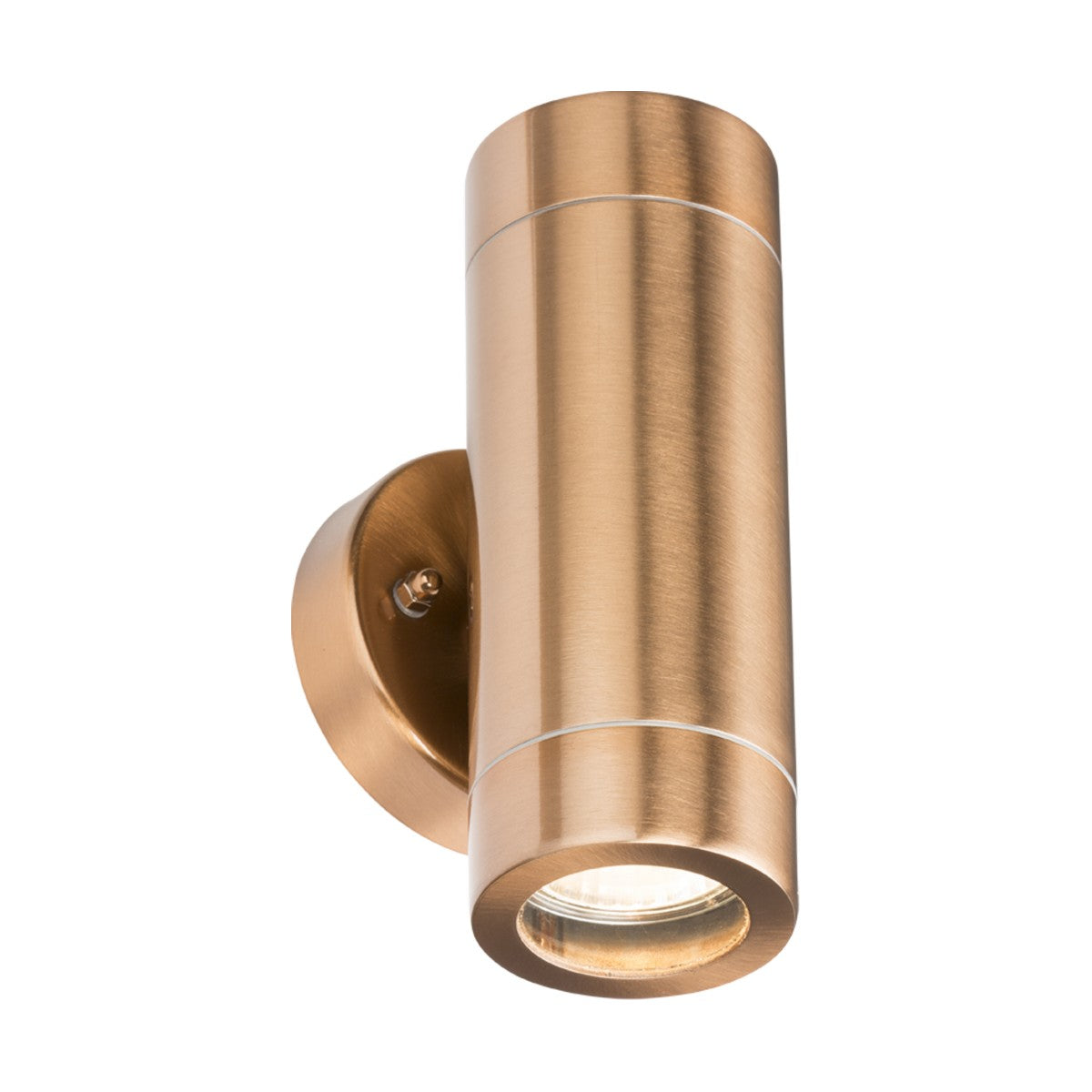 The Outdoor Up & Down Wall Light - Copper is a cylindrical, copper-finished wall light fixture with a gold hue. It mounts vertically with a circular base and emits light from both the top and bottom, showcasing the sleek design typical of a GU10 wall light.