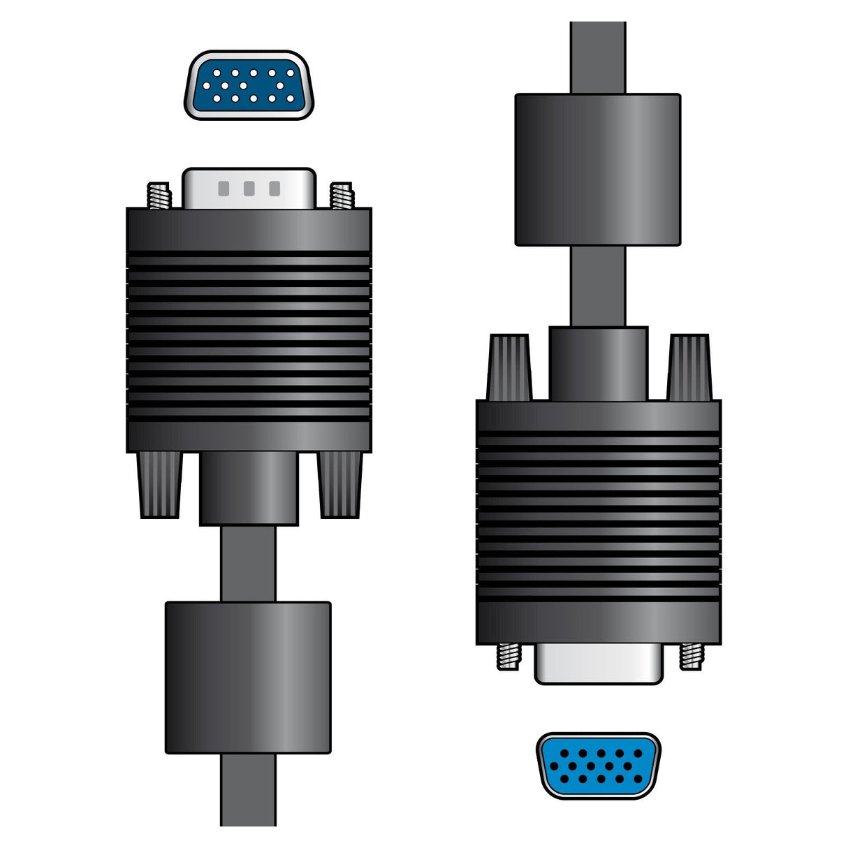 Depiction of the AV:Link VGA Plug To Plug Lead - 2m, featuring a black cable with copper clad steel components. The illustration presents two perspectives: a side view on the left and a front view on the right. Each connector, tailored for display monitor connections, includes a grid of small blue holes for pins.