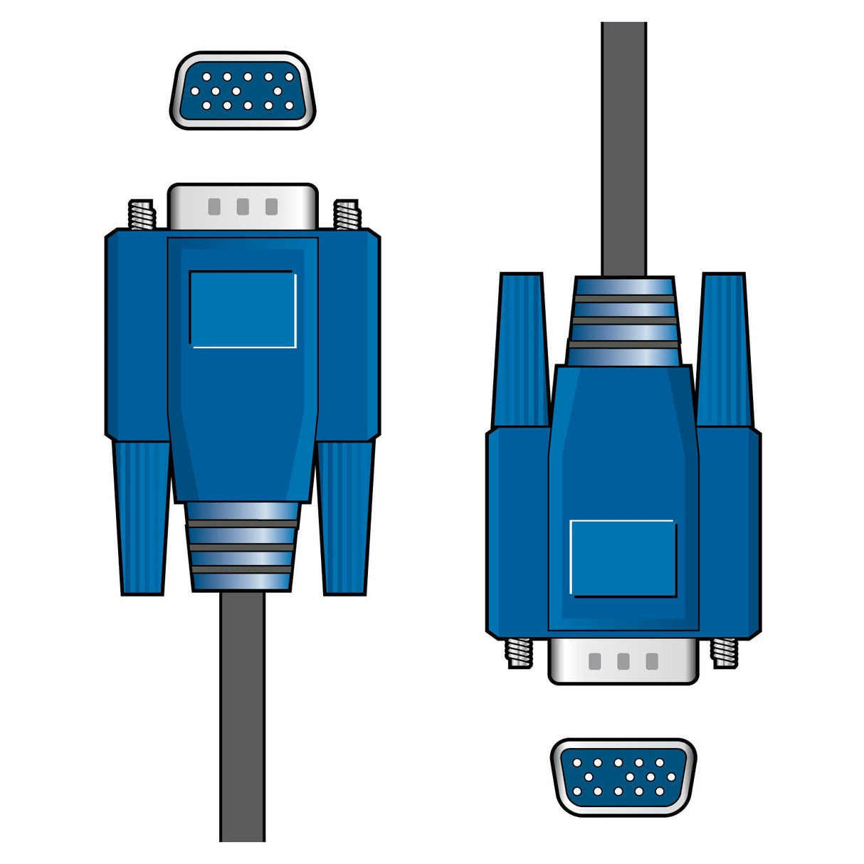 Illustration of two blue AV:Link VGA Plug To Plug Leads - 5m, each featuring a 9-pin D-sub connector reminiscent of traditional VGA cables. One cable is shown face-up, while the other is face-down. The connectors are depicted both attached to the copper-clad steel cables and separately.