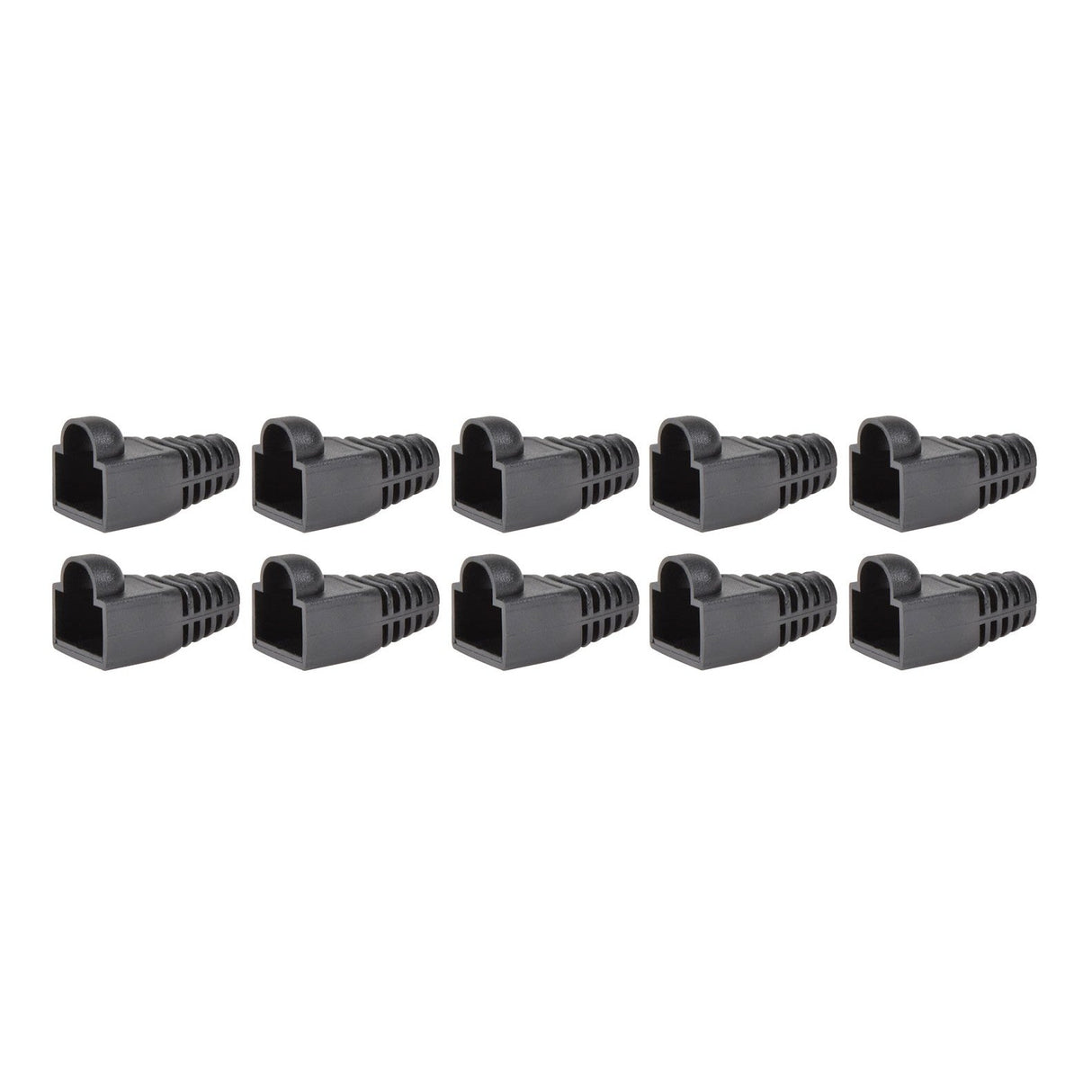 Ten AV:Link RJ45 Strain Relief Boots, each made of flexible plastic with ribbed sides to safeguard Cat5e, Cat6, and Cat6a network cables, are neatly arranged in two rows. These black boots line up precisely against a white background and feature an open-ended design.