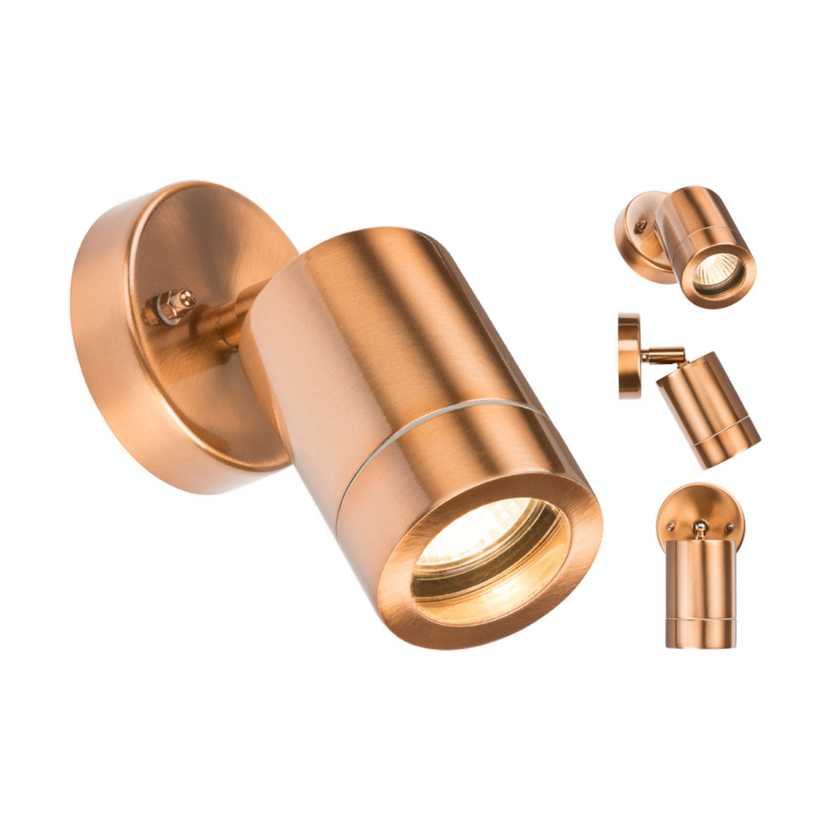 A series of images showcasing the Outdoor Adjustable Wall Light - Copper. The main image displays its front view with a lit bulb, while smaller images reveal side and back views, emphasizing its adjustable angle and sleek copper design.
